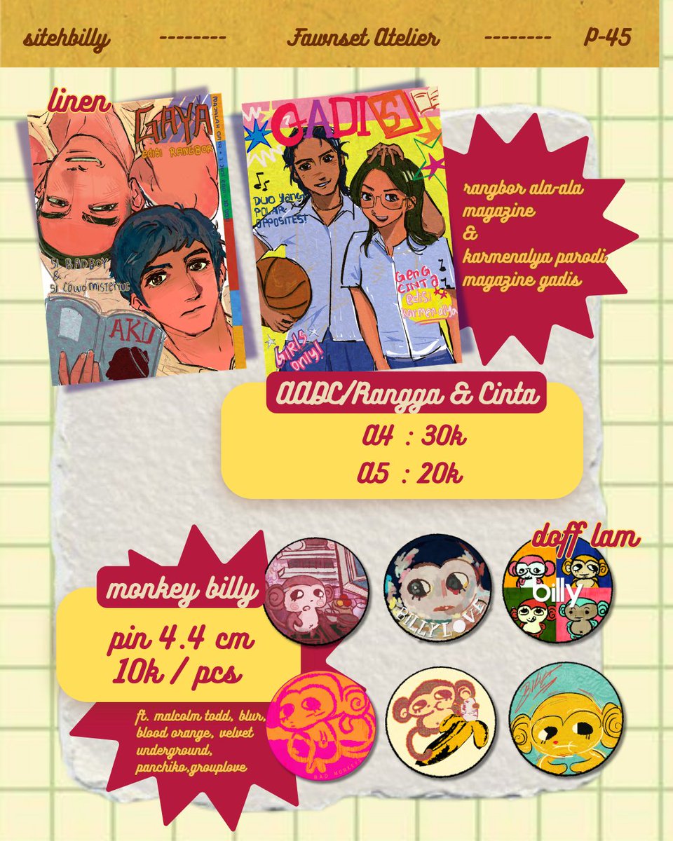 sitehbilly's tweet photo. 🧡 n retweets very much appreciated :]]—<

🫱Sitehbilly's #CF23 catalogue! !

📍Circle "Fawnset Atelier", P-45 (DAY 2 ONLY)
🐒 OTS only !! 
🦧 Fandom: The beatles, AADC / Rangga dan cinta, Naruto, Originals . .

hope 2 see u guys ^_^

#Comifuro23 #cf23catalogue https://t.co/VqbMNTqdwW