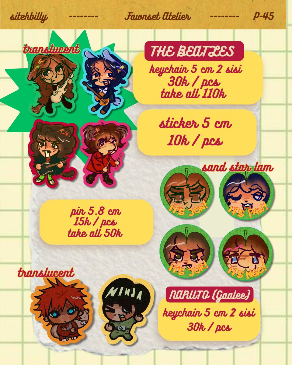 sitehbilly's tweet photo. 🧡 n retweets very much appreciated :]]—<

🫱Sitehbilly's #CF23 catalogue! !

📍Circle "Fawnset Atelier", P-45 (DAY 2 ONLY)
🐒 OTS only !! 
🦧 Fandom: The beatles, AADC / Rangga dan cinta, Naruto, Originals . .

hope 2 see u guys ^_^

#Comifuro23 #cf23catalogue https://t.co/VqbMNTqdwW