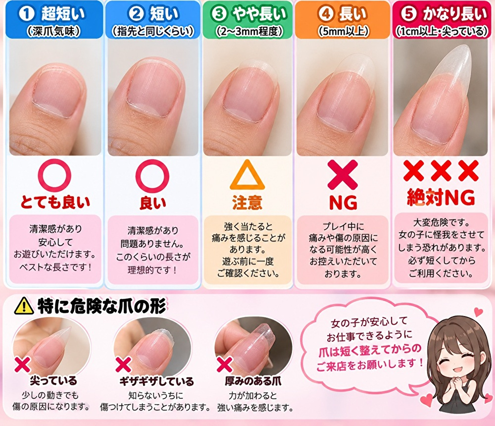 akcsnisi's tweet photo. よく受付の際に
お爪の長さをチェックしているのですが
③以降のお客様には爪切りをお願いしております！

ご案内をお待ち頂いている間も
爪切りは貸出・ご利用いただけますが
お遊び前に短くしていただくと
スムーズにご案内が出来ますので
ご協力いただけますと幸いです🙇‍♂️ https://t.co/0ElvFXDj0V