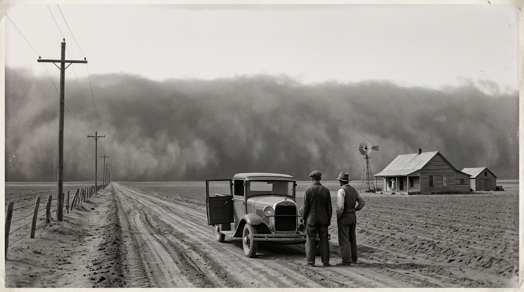 SamaHoole's tweet photo. On the fourteenth of April 1935 a wall of dust two thousand feet high and two hundred miles wide came over Boise City, Oklahoma at sixty miles an hour, turned a clear Sunday afternoon into midnight in a minute, and the people in the churches thought the world had ended.

The cause was a decision, and it took ten years. The southern plains had never been farmland. They were buffalo grass, roots five feet down, a net that had held the ground through every drought since the ice, under thirty million bison and then under the Texas cattle. Then the Great War sent wheat to the sky, the government opened the land to anyone who would break it, and the tractor could turn two hundred acres a week. Forty million acres of sod went under between 1920 and 1930. Suitcase farmers came out on the train, cut the roots, took a crop at the top of the market and went home, and nothing was left in the ground but a seed that needed rain.

In 1931 the rain stopped, for most of eight years. A wheat field in a drought is bare dirt, and bare dirt on the plains, in the wind the plains have always had, is a cloud waiting for a reason.

Dust came through the walls of the houses. Families slept with wet sheets over their faces and woke with the shape of their bodies left on the mattress in dirt. Children died of dust pneumonia with the fields packed into their lungs, and the Red Cross handed out gauze masks at the school door. Cattle were found dead with their stomachs full of mud. The static in a storm knocked a man flat when he touched a car, so they dragged chains behind the trucks to earth them. Two and a half million people walked off the plains, and the soil they left came down on the decks of ships off New York.

And the government shot the animals. In 1934, with no grass left on the ploughed country, Washington bought more than eight million cattle at a few dollars a head, shipped the ones that could stand, and had the rest shot in the fields and bulldozed into trenches while the families watched. Those cattle had not blown away an acre in sixty years. They died because the wheat next door had taken the grass they stood on.

Hugh Bennett, the government's soil man, had been telling Congress the plains were being skinned and nobody had listened. On the day of his Senate hearing that April he knew the dust was crossing the country, so he talked slowly until it arrived, and when the windows went dark at midday he told the senators that this was what he had been saying. The Soil Conservation Act was signed within the month, and what it paid for was putting the ground back the way it had been: grass, and cattle on it, and it has held since.

The plough failed in a decade. The pasture had never failed. The cows were shot in between.