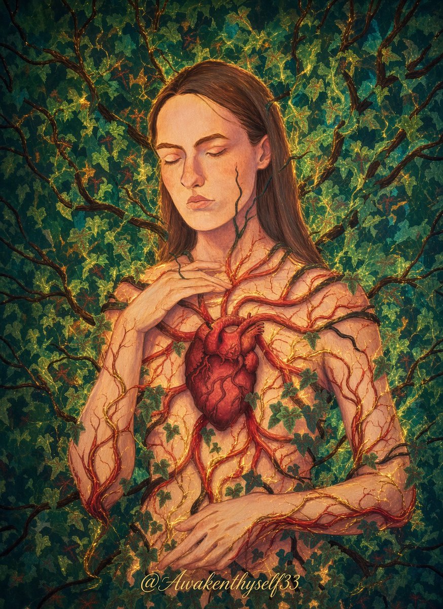 Awakenthyself33's tweet photo. THE HEART THAT GROWS ITS OWN ROOTS

The center is not protected from the world. It is allowed to become the place where the world continues to grow. What moves through the chest is not a wound; it is the same current that feeds the leaves above. The soul does not need to hide the heart in order to stay whole. It only needs to let the heart remain open long enough for the next growth to find its way.

The vines do not take from the center. They return what the center has already given. Every leaf that appears is the visible sign that the life inside has not stopped moving. The hands rest because they no longer need to hold the heart closed. What is offered is the quiet agreement that the heart can continue to feed what grows around it without being emptied.

The body does not separate the heart from the earth. It becomes the bridge that lets the same life move in both directions. What blooms outside is already rooted in the same place that beats within. The soul does not need to choose between protection and growth. It simply allows the heart to remain the source that both receives and gives.

✨🙌🏿💫