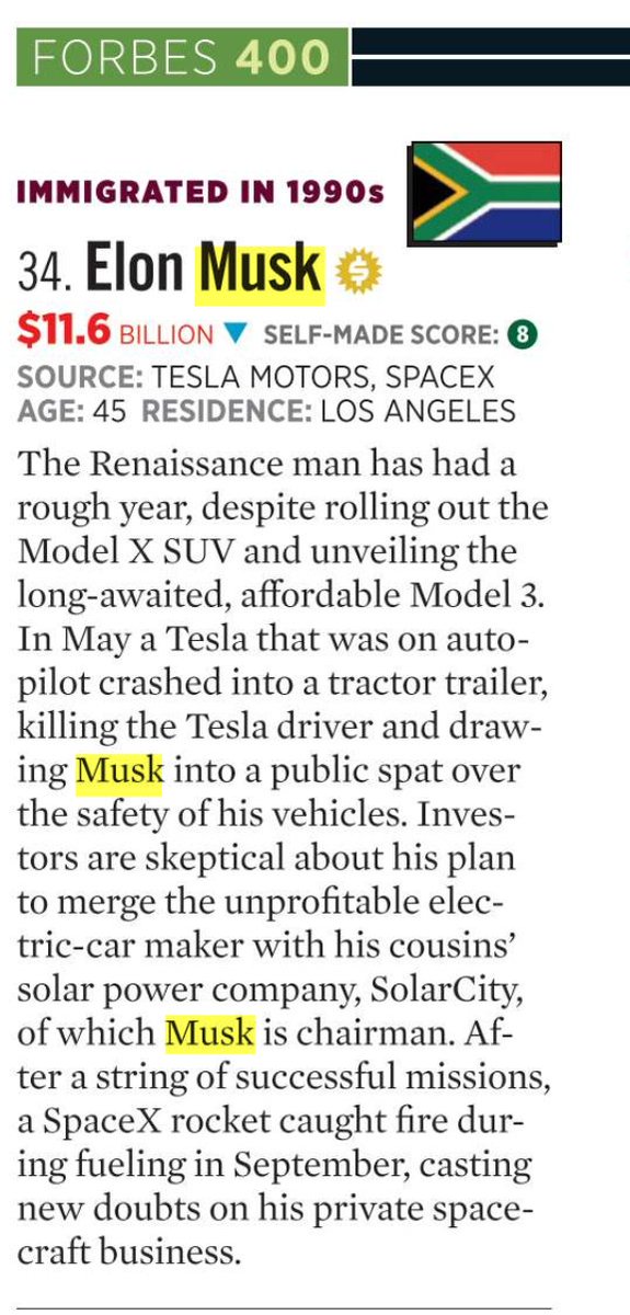itzarjun's tweet photo. Was just going through Forbes richest list from October 25, 2016 

10yrs ago, Elon was #34 with a net worth of 11.6B

@elonmusk, you went up 100x in the last decade. Crazy. https://t.co/suYTic6ZPi