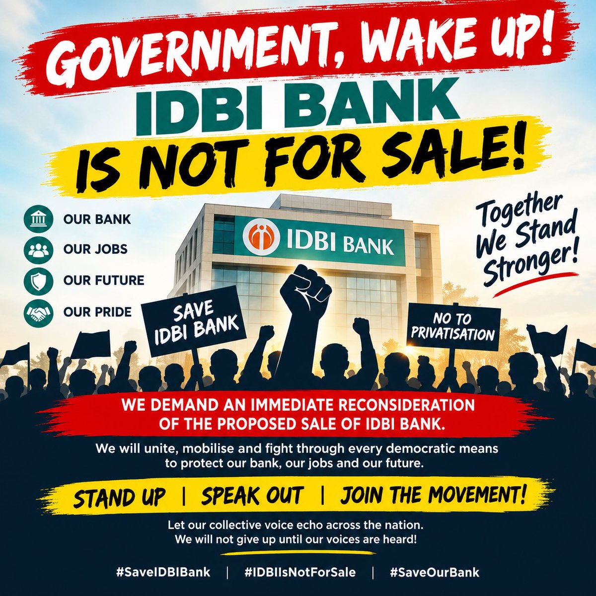 candy_chetna's tweet photo. WE WILL NOT LET OUR NATION BE SOLD! WE WILL NOT LET IDBI BANK BE SOLD! 
#StandWithIDBI https://t.co/yY4nIcM6K8