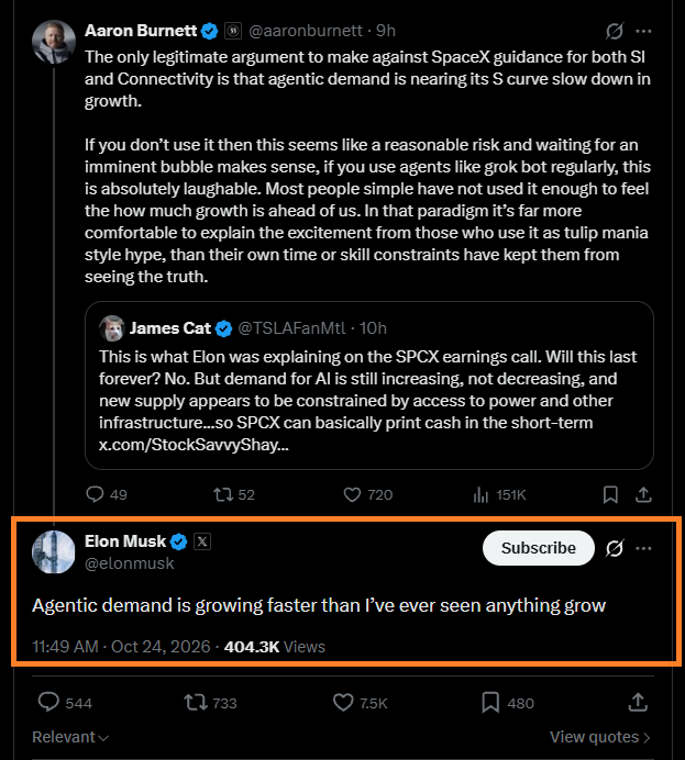 MikeLongTerm's tweet photo. BREAKING $AMD | @elonmusk just said "Agentic demand is growing faster than I’ve ever seen anything grow" = Extreme Hypergrowth for CPUs 🧵

One skeptical argument on $SPCX  was that agentic demand (for AI agents that autonomously plan, use tools, call APIs, execute multi step workflows, run sandboxes....) might be approaching the flattening part of an S-curve. Musk’s repied “Agentic demand is growing faster than I’ve ever seen anything grow” directly rejects that. He is saying the pace exceeds any prior technology or trend he has observed, implying substantial runway ahead. This aligns with broader industry views of exploding token consumption, continuous agent operation (vs. intermittent chatbots), and infrastructure needs for power, bandwidth, and compute or basically what Dr. @LisaSu said the need to bring up CPU GPU Ratio to a more balanced system or even pure CPU rack like Helion ( 8 CPU 1 GPU) .

This is broadly supportive of the strong demand thesis driving @AMD  server CPU business, even though Musk’s own companies (SpaceX/xAI/SpaceXAI) have committed heavily to Nvidia GPUs, but if demand is this extreme, it would be logical to buy significant CPU racks from AMD to scale @bot. What do you think @grok ?

x86 CPUs ( AMD EPYC Venice / Zen 6) excel at scaling agentic AI primarily through extreme core/thread density, mature ecosystem compatibility, and strong platform level throughput for the CPU heavy parts of agent workflows.

GPUs handle model training & inference; CPUs handle most of the surrounding sequential/control work. This shifts architectures toward higher CPU content (often approaching or exceeding 1-2:1 CPU:GPU ratios). Scaling means running thousands of concurrent agents efficiently within power, rack, and cost limits.

Flagship EPYC 9996 “Venice” offers up to 256 cores / 512 threads per socket (Zen 6 / Zen 6c on TSMC most advanced 2nm). This is far higher than Nvidia Vera’s 88 Olympus cores / 176 threads.

Higher density directly translates to more concurrent agent sandboxes and orchestration tasks. AMD’s Helion open rack reference design packs up to 32,768 Zen 6 cores in a CPU only configuration (or mixed CPU+GPU enterprise racks).

x86 ecosystem maturity means that the vast majority of server software, enterprise applications, databases, middleware, compilers, operating systems, virtualization platforms, and development tools have been optimized for and extensively validated on x86 for decades, giving agents reliable, high performance access to existing toolchains, libraries, and codebases without emulation overhead or compatibility friction. This includes deep ISV certification, mature driver and firmware support, broad cloud and OEM validation, and a large body of performance tuned open source and proprietary software that agents routinely call ; advantages that newer $ARM based designs are still far behind but have not yet matched at scale for general purpose and enterprise/consumer agentic workloads.

This is another big confirmation how SI CapEx gonna look like in the next 3-5 years, significantly more resources allocate to the best CPU.

Not Financial Advice! DYOR!