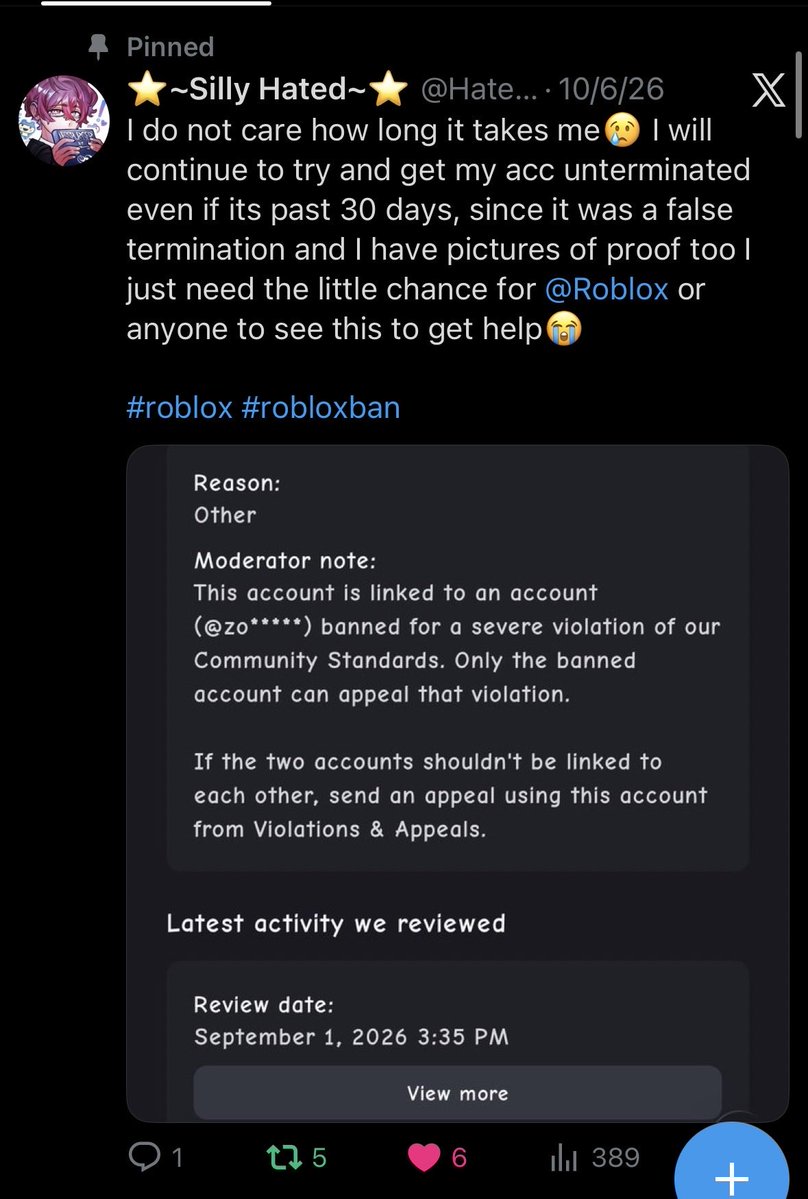 HatedHeavenly's tweet photo. @TroggyTroggy @AzazelMistake @Roblox I really wished that the whole enforcement ban appeals was always support tickets with actual human support so I and all of us could provide evidence that is needed if they ask for it😭 OR that there was not a day limit for it which does not had pressure 😞 https://t.co/Dn8B7tMmxl