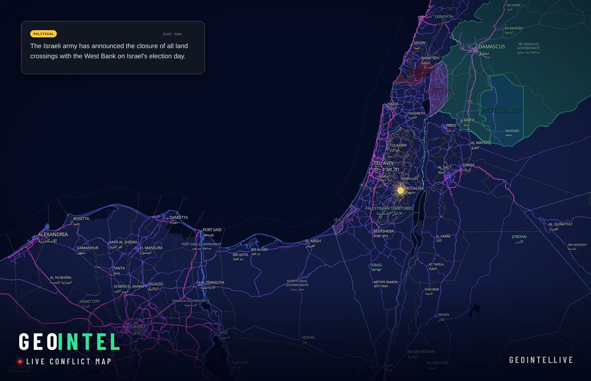 TPObserver's tweet photo. 🇮🇱🇵🇸⚡️ Israeli army announces closure of all land crossings with the West Bank on Israel's election day https://t.co/CSToWaUavO