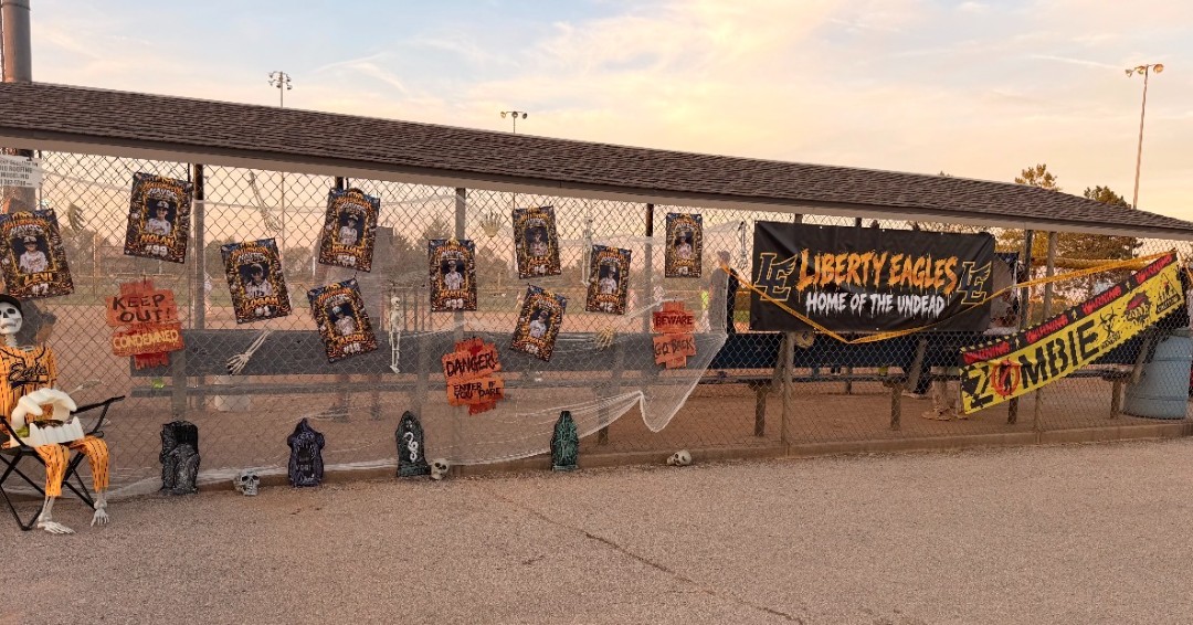 PerfectGameKC's tweet photo. The Liberty Eagles 11U brought their A-game to PG KC’s Halloween Havoc—on and off the field! 🧟‍♂️⚾️ Check out their “Home of the Undead” dugout, where zombies rule and team spirit comes alive. Who else is loving these spooky vibes? #3and2 #HalloweenHavoc https://t.co/pDACPRvrYC