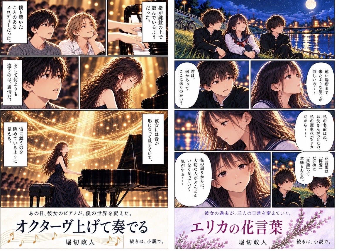 horikiri1979's tweet photo. 堀切政人　作品紹介

・1990年代、音楽と恋愛を描く青春小説
　『オクターヴ上げて奏でる』
・少年少女の友情と過去が交錯する
　サスペンス
　『エリカの花言葉』

Amazonにて電子書籍・ペーパーバック販売中。
詳細はXプロフィールから。
※両作品とも小説です。 https://t.co/wHUrFrRMQE