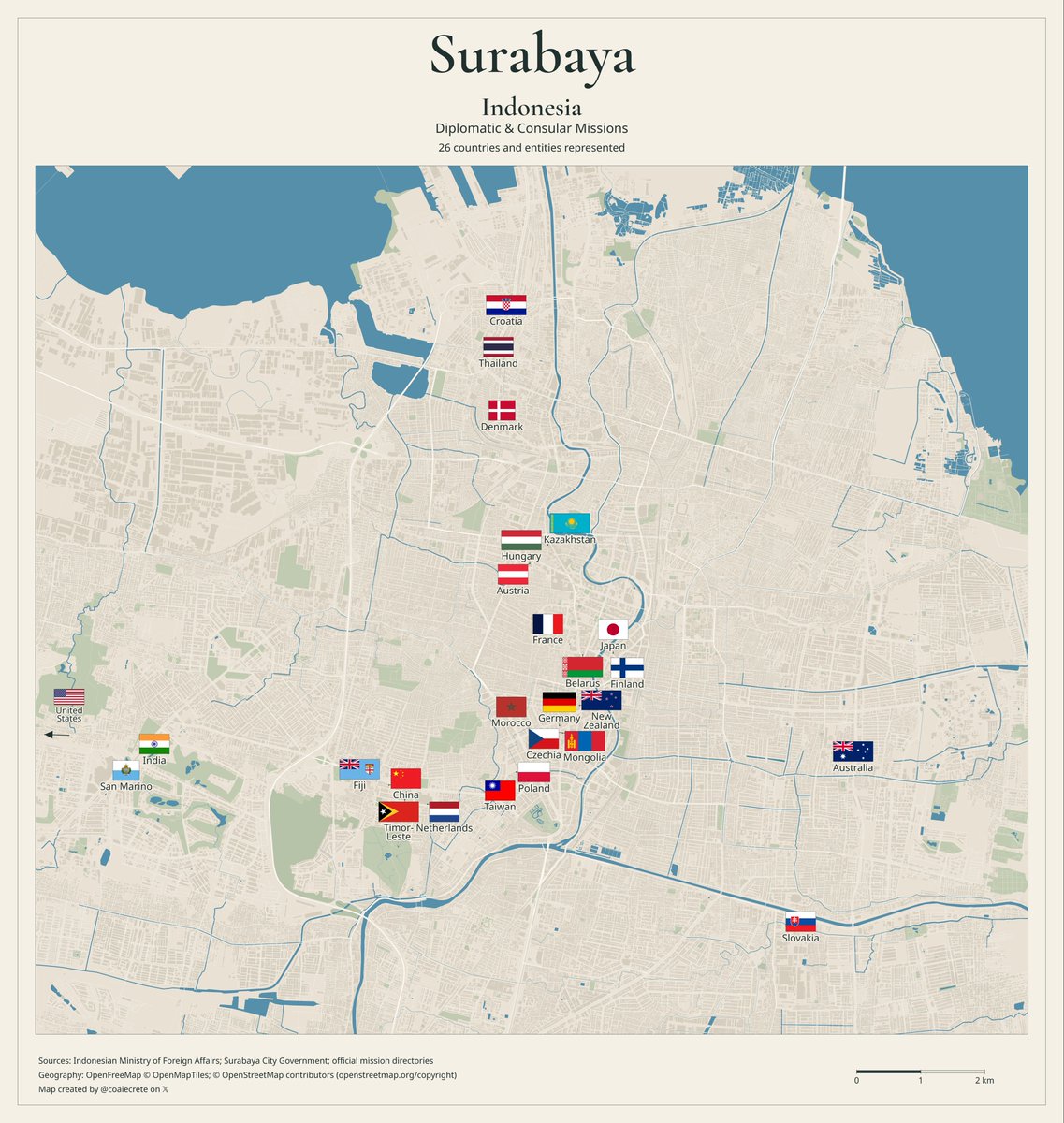 coaiecrete's tweet photo. 🇮🇩 Surabaya, Indonesia: 26 countries and entities represented, from honorary consulates around Darmo to the US post west of the main view. Australia opened its consulate here in 2017, strengthening ties with East Java’s trading hub. https://t.co/LGOQ2cAtnA
