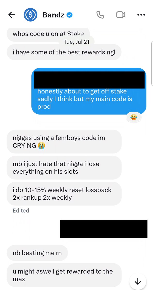 whalewtchers's tweet photo. @RealFish you’ve publicly called poaching disgusting, yet you’re defending Bandz. Here’s why I’m calling that out.

July 21: @Bannndz asks whose Stake code I’m on. I tell him my main code is prod. He pitches his rewards anyway.

August 23: his request for my Telegram shows 10:50 AM. The separate Telegram conversation shows someone sending me account credentials at 11:30 AM, saying “ur new account” and “i was sent by a friend.” Bandz also tells me “u should be good now.”

That sequence is why I believe the handoff was arranged through him. The other contact doesn’t name the friend, so I’m showing what the messages actually say.

You’re pointing to an alt as the explanation for a different player’s unpaid giveaway. I’m asking you to apply that same scrutiny to the affiliate recruiting players who already use another code.

Bandz, explain the account handoff. The timestamps are right there.

@winaraia