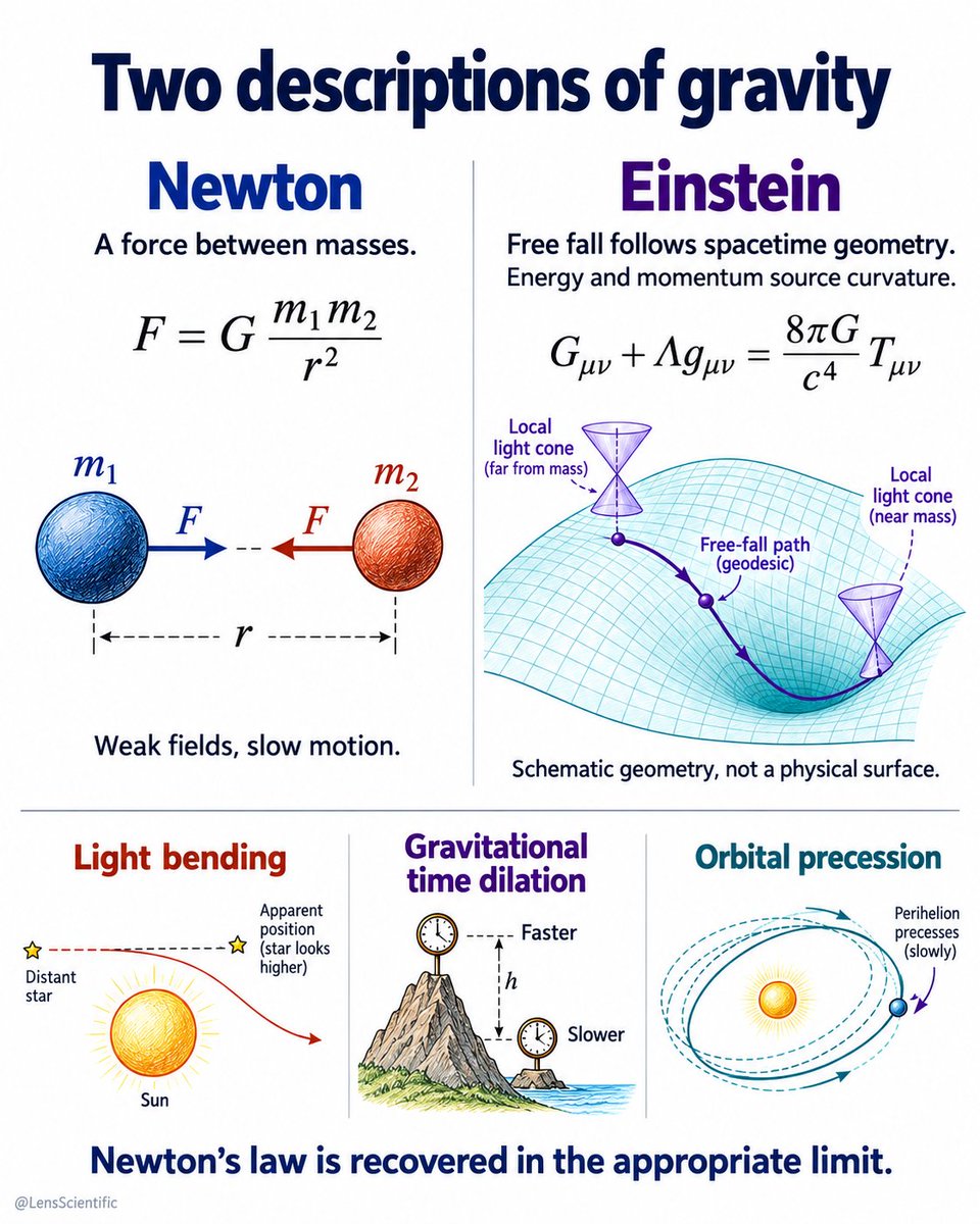 LensScientific's tweet photo. Astronauts in orbit feel weightless while Earth’s gravity remains strong. They and their spacecraft are falling together, so the floor no longer provides the usual supporting force.

Newton describes that motion using gravitational attraction. General relativity describes freely falling bodies following paths through spacetime geometry.

Newton’s law remains an excellent approximation in weak fields at low speeds. Precision timing, light deflection, and some orbital effects require Einstein’s fuller description.