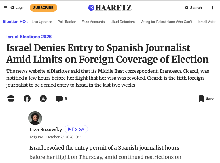 Jonathan_K_Cook's tweet photo. In the past few days, Israel has banned entry to five foreign journalists working for publications seen as critical of Israel.

What does that say about the rest? That Israel knows it can trust them to pull their punches. They'll be even more careful about what they say from now on.