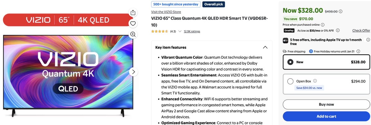 HoomanDeals's tweet photo. ONLY $328! VIZIO 65" CLASS QUANTUM 4K QLED HDR SMART TV #AD 

Normally $498

https://t.co/r9JAtGowbm https://t.co/NsP02vxecZ