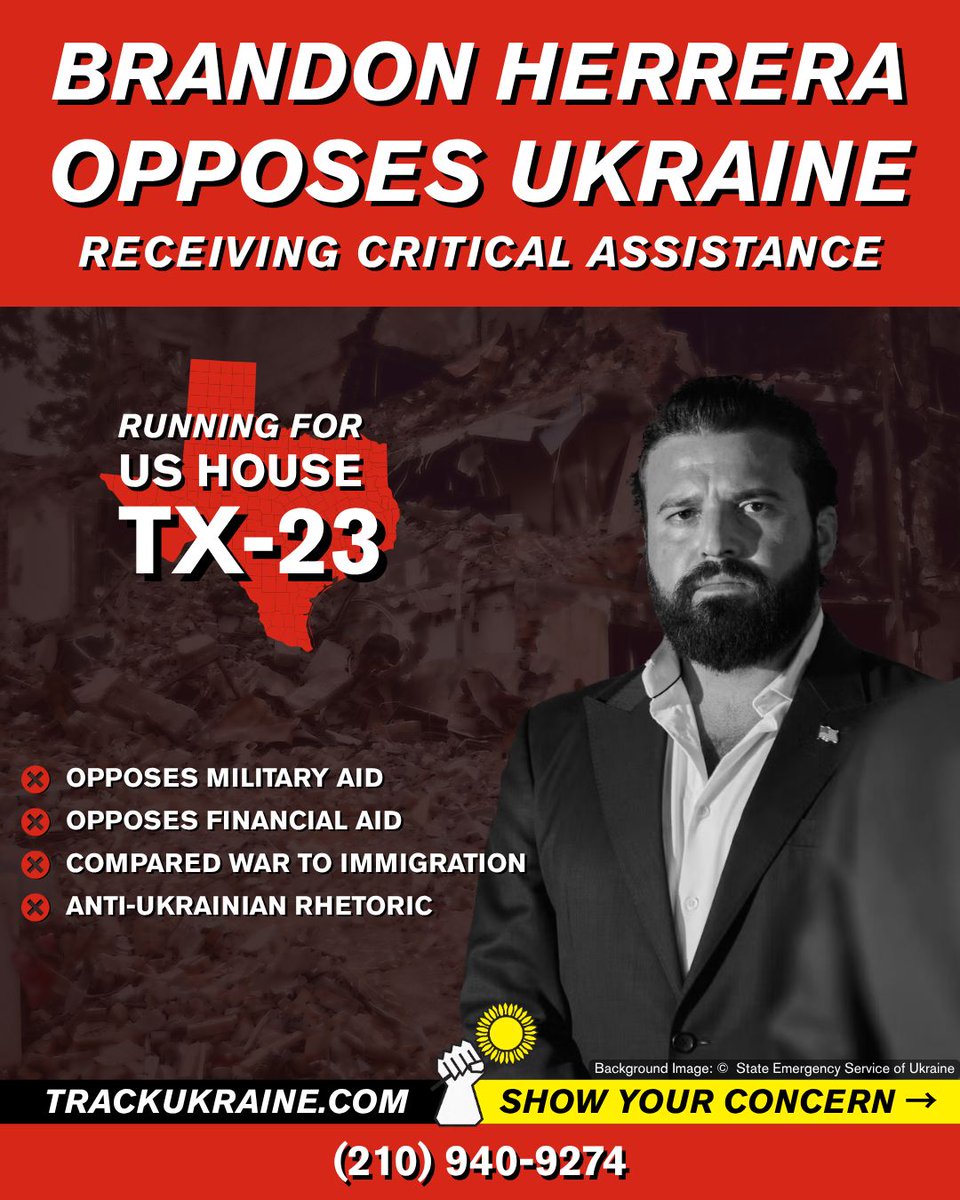 TrackUkraine's tweet photo. Republican Brandon Herrera @TheAKGuy is running in Texas' 23rd Congressional District [TX-23] on November 3.
❌Opposes military aid
❌Opposes financial aid
❌Compared war to immigration
❌Anti-Ukrainian rhetoric https://t.co/SMMAnqodFp