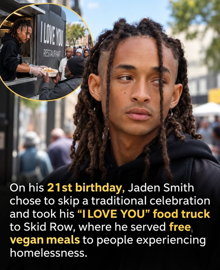 ThinkingHumanit's tweet photo. Jaden Smith celebrated his 21st birthday in an unusual way: he opened a food truck and started giving away free meals to people experiencing homelessness. 🥗❤️

In July 2019, Smith launched the I Love You Restaurant, a mobile food initiative that served free, nutritious plant-based meals on Los Angeles’ Skid Row, an area with one of the largest concentrations of unhoused people in the United States.

Rather than making it a one-day birthday gesture, Smith continued the project.

The I Love You Restaurant returned for additional pop-ups in Los Angeles and later expanded to Harlem in New York City, distributing hundreds of meals and essentials to people in need.

Smith said the idea was about making healthier food accessible regardless of someone’s income or circumstances. His longer-term vision went beyond a food truck: he discussed creating a permanent community restaurant where people experiencing homelessness could eat for free, while paying customers would help support the model.

The project fits into Smith’s broader focus on social and environmental initiatives. He has also worked on providing mobile water-filtration systems to communities facing water-quality problems, including deploying a system in Flint, Michigan.

Plenty of celebrities celebrate milestone birthdays with extravagant parties.

Jaden Smith marked his 21st by feeding strangers who couldn’t afford a meal — and then kept coming back. 💛

Sources: CNN; Los Angeles Times; Variety; Associated Press.