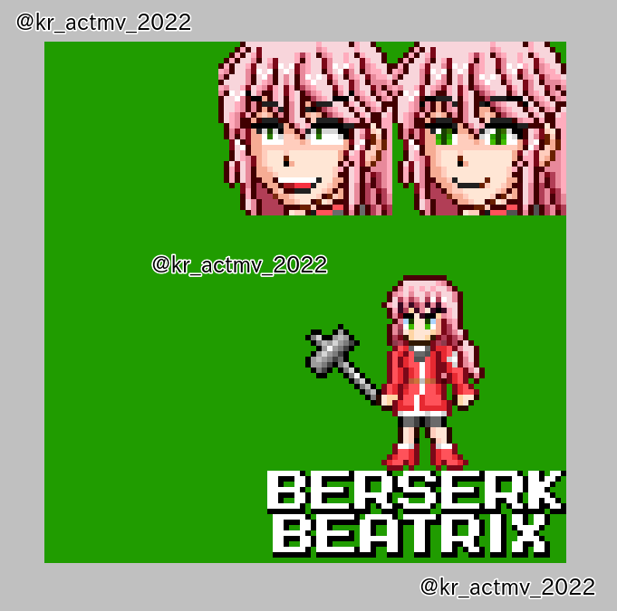 kr_actmv_2022's tweet photo. #pixelart
突然のリハビリで #よその子 を
90分以内で #ドット絵  打ってみようシリーズ。
その4 Grabacrさん @Grabacr666 作
「Sword of Unity」より
ベルセルク・ベアトリクス -RR.ver-
二重人格なベオウルフ隊員のお姉さんです。☺️ 

🐌＜別人格、下手な男より凶暴じゃないの！ https://t.co/pZO84yrg7b