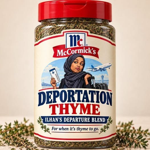 BelannF's tweet photo. A NEW MCORMICK'S SEASONING BLEND.  I hear it's very popular.

DEPORTATION THYME
Ilhan's Departure Blend
For when it's thyme to go. https://t.co/PscDtUfTuo