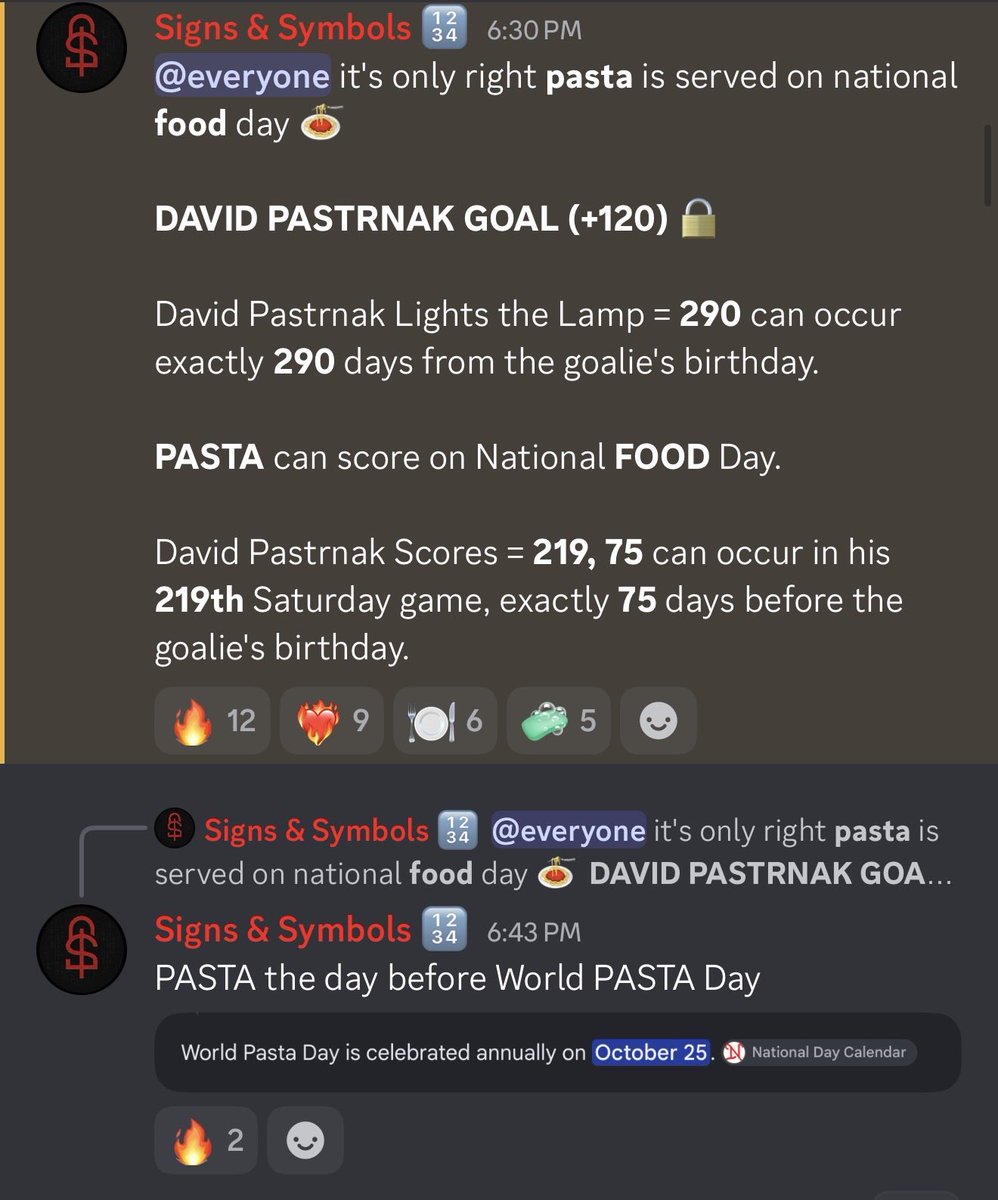 locksbysns's tweet photo. #Gematria❤️🔥 bangs again ✅
PASTA FOR DINNER IN THE DISCORD 🆓🍝
David Pastrnak, aka PASTA, scores on National FOOD Day 🔢
All plays posted before gametime in bio 🔗
#NHLBruins #NHL https://t.co/sXUOkQo1nv