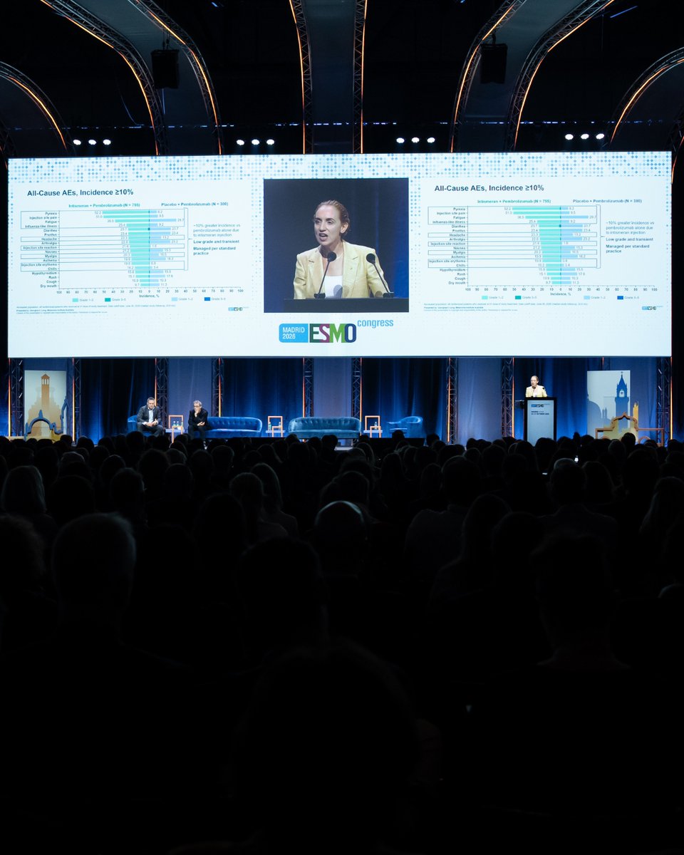 ProfGLongMIA's tweet photo. It was a great honour to present the results of the phase 3 INTerpath-001 clinical trial at the #ESMO26  Congress in Madrid.

This international trial included 1137 patients, across 157 sites, whose melanoma had been surgically removed, but who were at very high risk of it returning. The trial showed adding #intismeran autogene, an mRNA based individualised neoantigen therapy, to pembrolizumab reduced the risk of recurrence or death by 42%.

This is the first phase 3 study to show that a treatment built from the unique ‘fingerprint’ of a patient’s own tumour can reduce the risk of recurrence or death from cancer. That fingerprint is read by sequencing the tumour, then a ‘wanted poster’ of the cancer is made as mRNA, showing the immune system exactly what to look for and attack. Having succeeded in melanoma, this proof of concept could mark the beginning of a foundational shift in how we treat cancer.
Read more >https://t.co/quxTAFfntb

A huge thank you to all patients and teams involved.
@myESMO @Sydney_Uni @syd_health @Science_Academy @AAHMS_health @FulbrightAUS @NthSydHealth @ausoftheyear