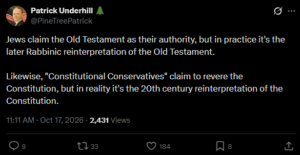 PineTreePatrick's tweet photo. "The Constitution" is now a political formula that has been completely divorced from the historical document. 

Also "America is an idea" but even if you reject the idea (say Indian culture is superior, reject Christianity), you're still American. The creed of national suicide. https://t.co/kPhmvC6HeN