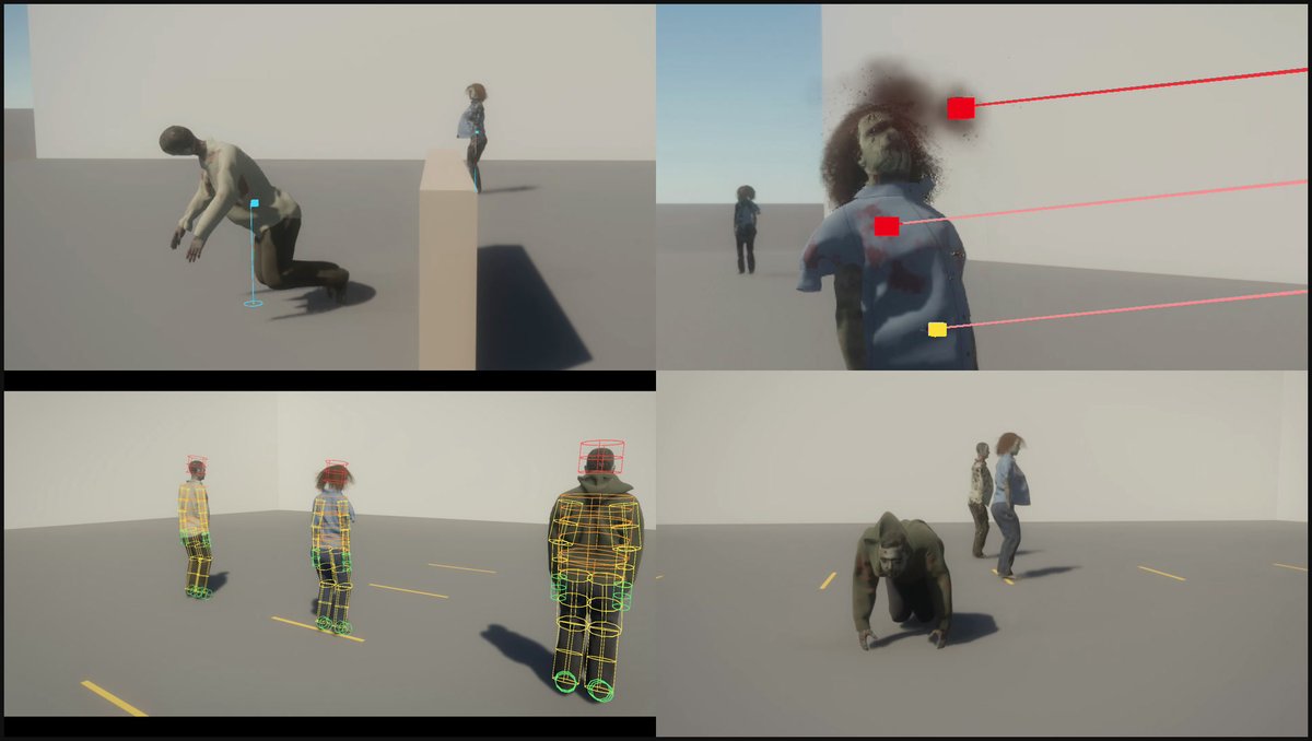 arcwrightengine's tweet photo. four things from it: a zombie fighting to keep its balance, a headshot with the bullet paths drawn, hitboxes fitted to each body, and a fallen one getting back up https://t.co/MKPgcFIuKu