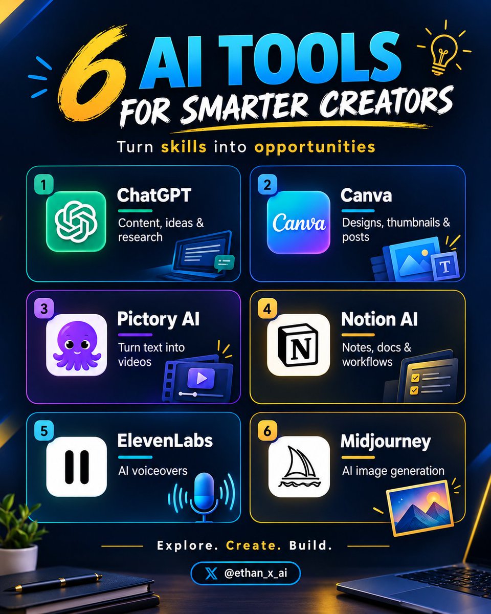 ethan_x_ai's tweet photo. 🚀 6 AI TOOLS THAT CAN LEVEL UP YOUR CREATIVITY! 🤖⚡

🔗 https://t.co/phTEVJW2C2
🎨 2. Canva — Graphics, thumbnails & social posts
🔗 https://t.co/6DrucKCOiD
🎬 3. Pictory AI — Turn text into videos
🔗 https://t.co/QuvCM32BX2
📝 4. Notion AI — Notes, planning & productivity
🔗 https://t.co/SGtMztK1Yc
🎙️ 5. ElevenLabs — AI voice generation
🔗 https://t.co/KwHhc9OIre
🖼️ 6. Midjourney — AI-powered image creation
🔗 https://t.co/0YJuykTu7p
💡 Remember: AI won't do everything for you, but learning to use the right tools can help you work smarter and create more opportunities.
👇 Your turn: Which tool would you try first — 1, 2, 3, 4, 5, or 6?
♻️ Repost this to help other creators discover useful AI tools.
Follow @ethan_x_ai for more AI tools, prompts, tutorials & tech updates! 🚀
#AI #AITools #ArtificialIntelligence #ContentCreation #FutureOfAI