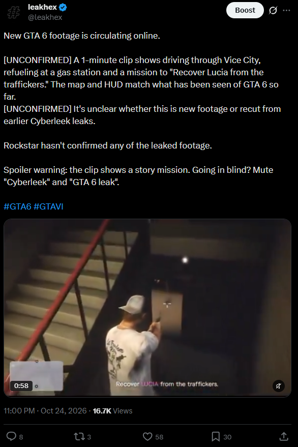 leakhex's tweet photo. Correction: We got this one wrong.

The "new GTA 6 footage" clip we shared last night is GTA 5, either the PS5 version or modded. The HUD, minimap and labels give it away. We've deleted the original post.

Thanks to everyone who flagged it, especially @ManOfGranduer. Treat the clip as FAKE.