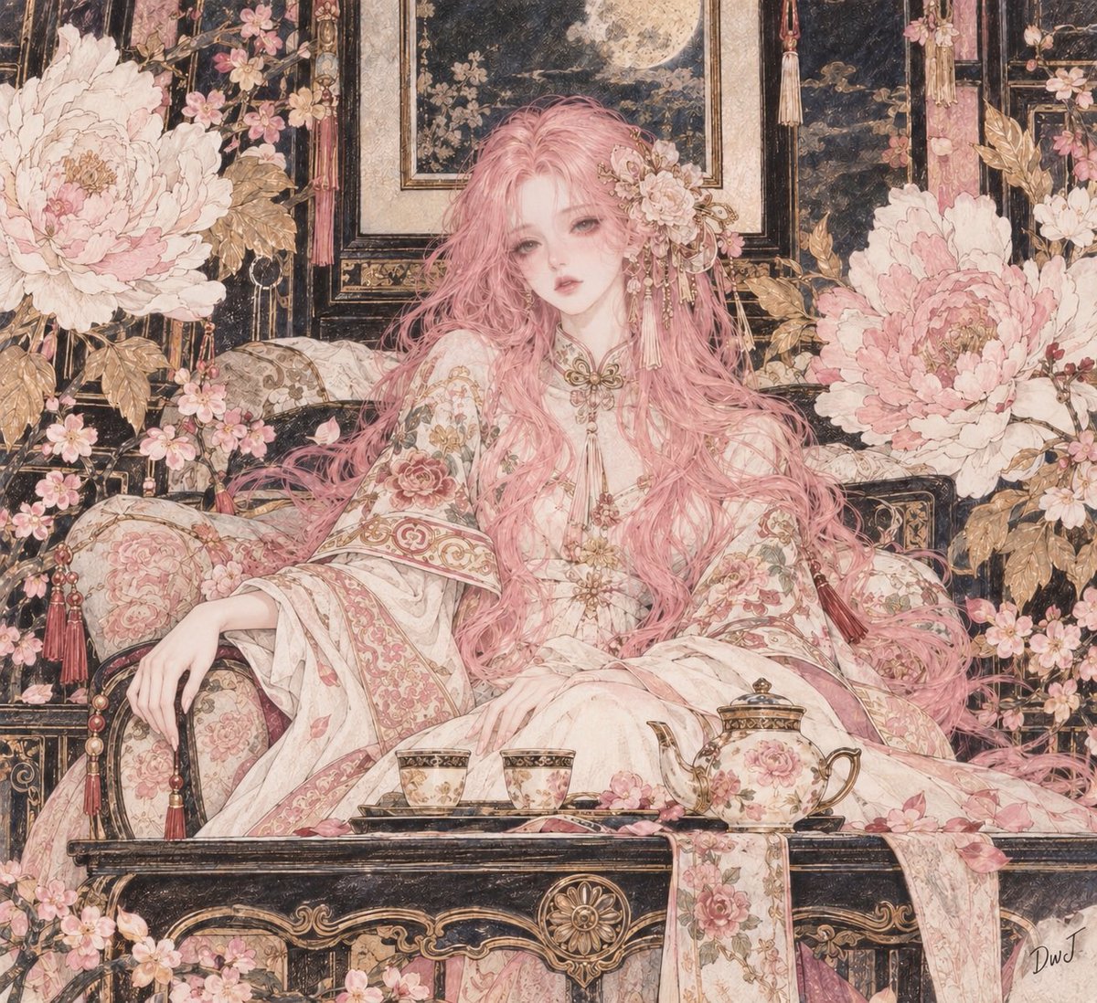 JoywDan's tweet photo. 人间富贵花🌸

prompt-image2.5:

medium-long shot, front-facing centered seated figure, visible from head to below the knees, direct eye contact, subject occupying about 60% of the frame, luxurious neo-Chinese fantasy illustration, intricate gongbi linework, elegant anime realism, ornate silk brocade, monumental flowers, antique black-and-gold interior, dusty pink and ivory palette, vintage silk-paper texture, densely detailed, dreamy and opulent