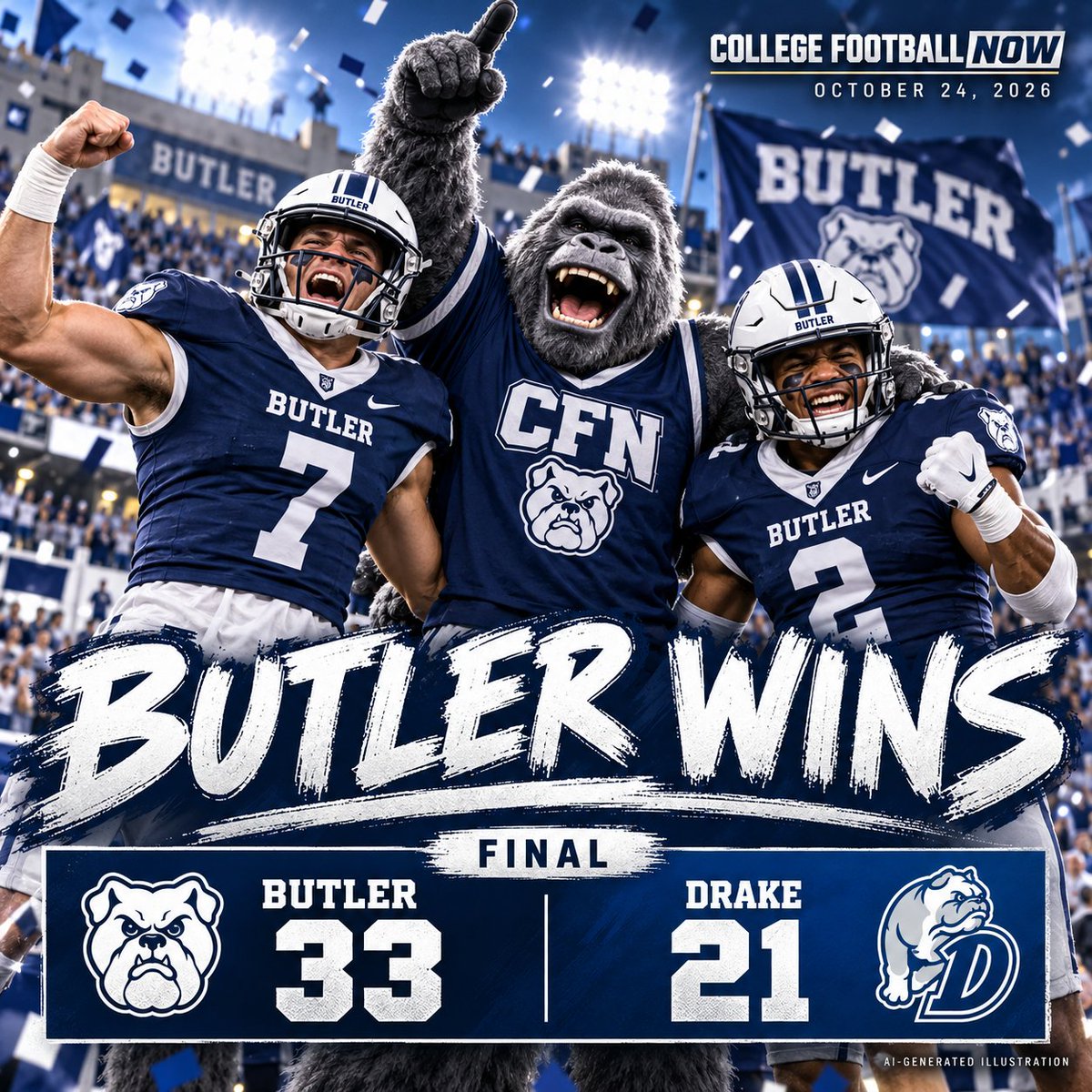 CollegeFBToday's tweet photo. #ButlerWay #DSMHometownTeam 📖 READ THE RECAP — October 24, 2026
Butler scored 13 fourth-quarter points and held Drake scoreless after halftime in a 33–21 win.
@ButlerUFootball @DrakeBulldogsFB
Full CFN recap and original pick check: https://t.co/fDtsRBULig
#CollegeFootball
AI-generated illustration: human players alongside CFN’s separate Great Ape mascot.