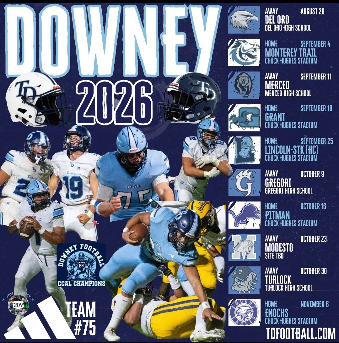 ClubModesto's tweet photo. Downey Knights are featured this Monday 10-26-2026 12-1pm Sidelines Kansas Ave. Come hear from Coach Plaa and his players ahead of the big show down with Turlock.
All coaches will be there to talk about the past and coming week. $20.00 for lunch. All proceeds to local athletes. https://t.co/0QMVc774Zr