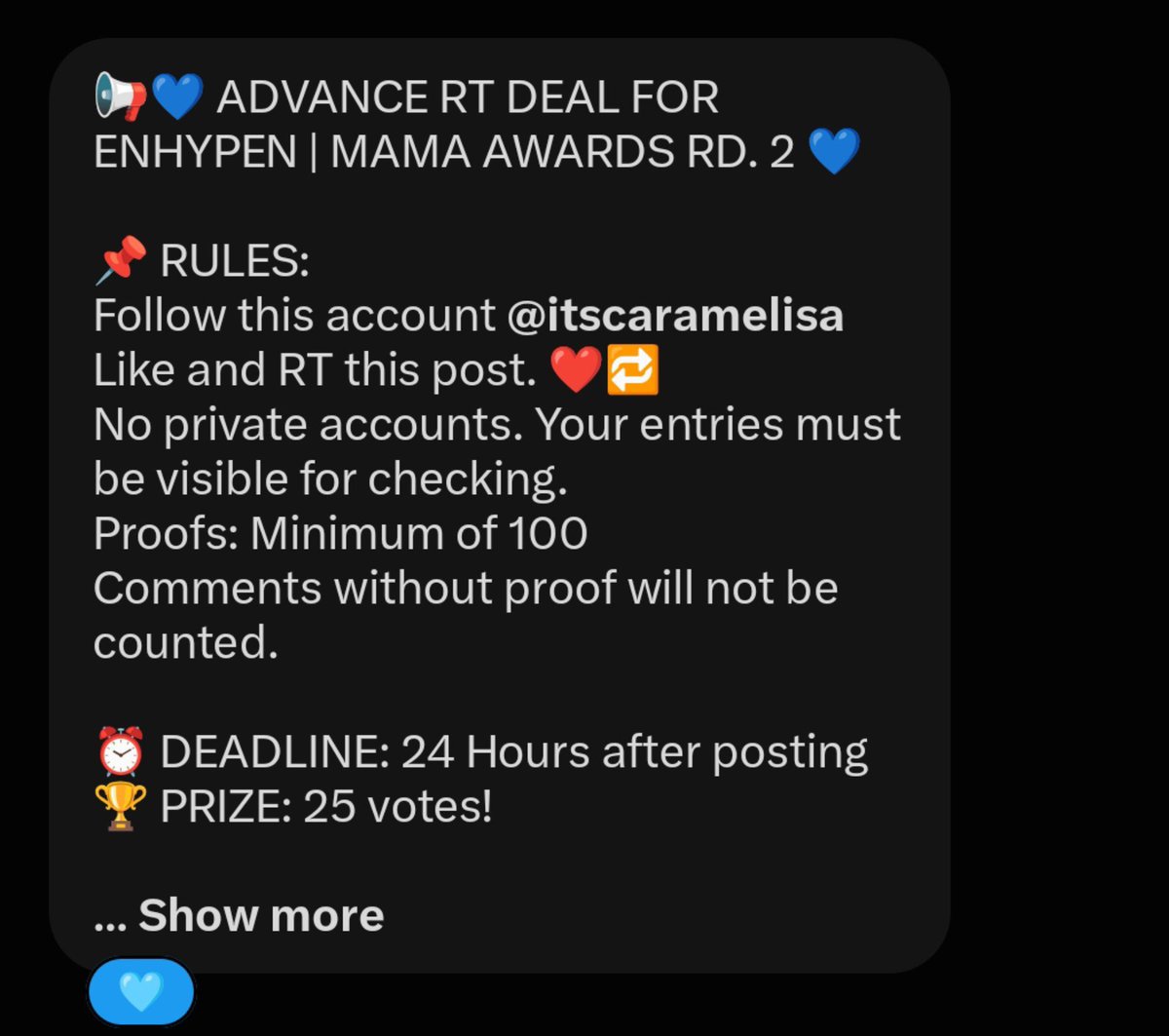 selleirr's tweet photo. RT DEAL FOR ENHYPEN
📌 RULES:
Follow this account @itscaramelisa 
Like and RT this post. ❤️🔁
No private accounts. Your entries must be visible for checking.
Proofs: Minimum of 100
Comments without proof will not be counted.

⏰ DEADLINE: 24 Hours after posting
🏆 PRIZE: 25 vote https://t.co/cnWEYZ1KMe