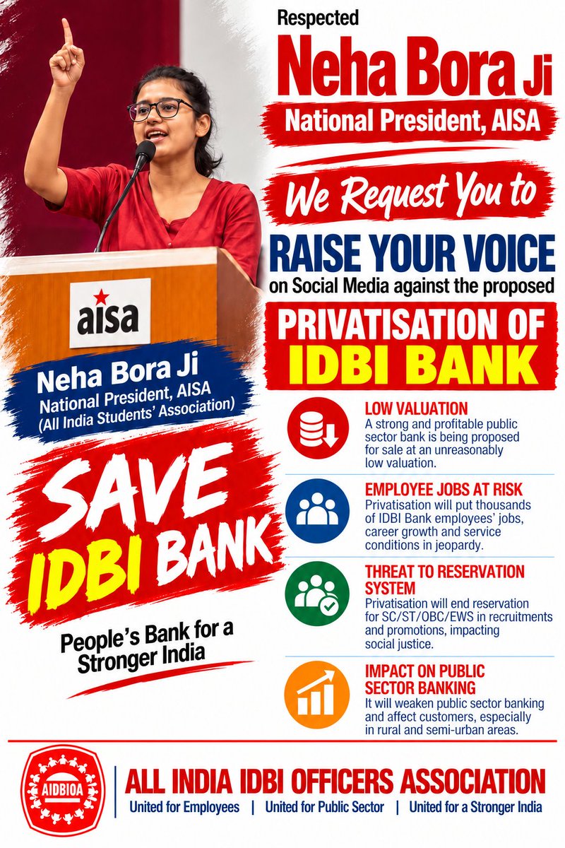 saveidbibank64's tweet photo. Respected @neha_aisa Ji..
Please raise your voice against the proposed privatisation of IDBI Bank.
#StandWithIDBI https://t.co/373xZpzL7t