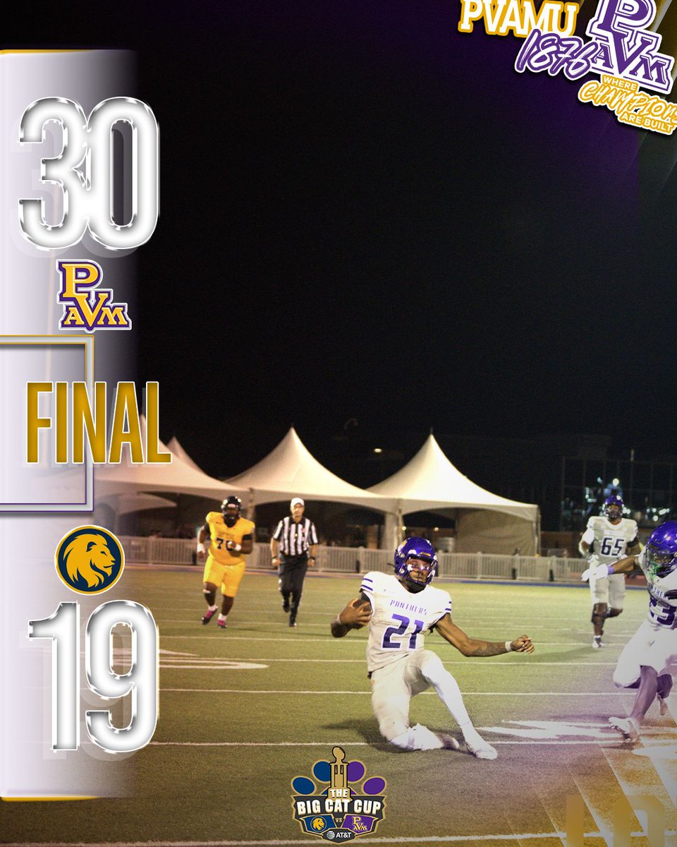 PVAMUPanthers's tweet photo. PVAMFBALL: THE BIG CAT CUP TROPHY BELONGS TO THE PANTHERS!

The Panthers take down the Lions to claim the BIG CAT CUP TROPHY with a hard-fought 30–19 victory! 

Panther Pride is on full display! This one belongs to PV!

#PantherPride #BigCatTrophy #PVAMU #WhereChampionsAreBuilt https://t.co/xX0EVIOKGT