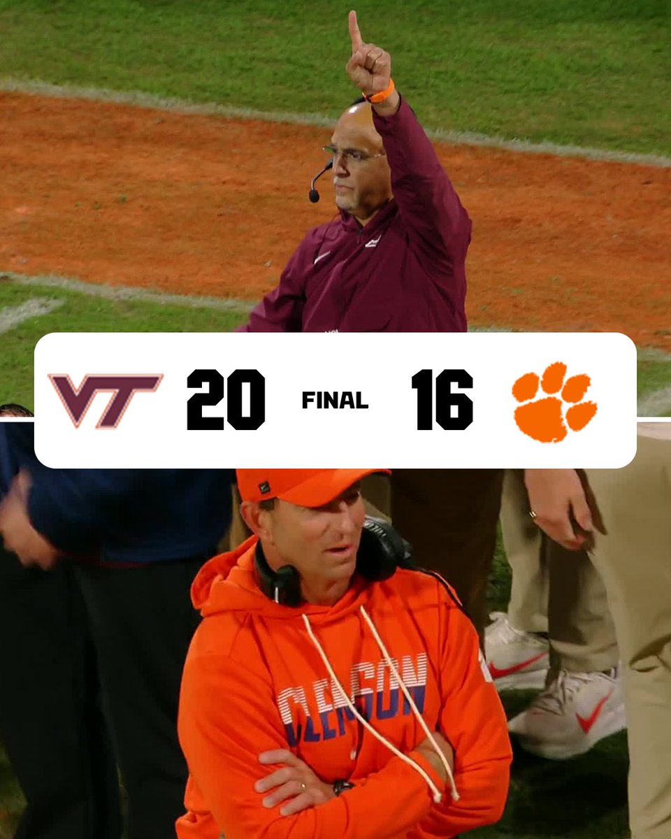 accnetwork's tweet photo. FOR THE FIRST TIME SINCE 2007 THE HOKIES BEAT CLEMSON 🤯

This is Dabo Swinney's first career loss to Virginia Tech. https://t.co/13Q4yiJaZt