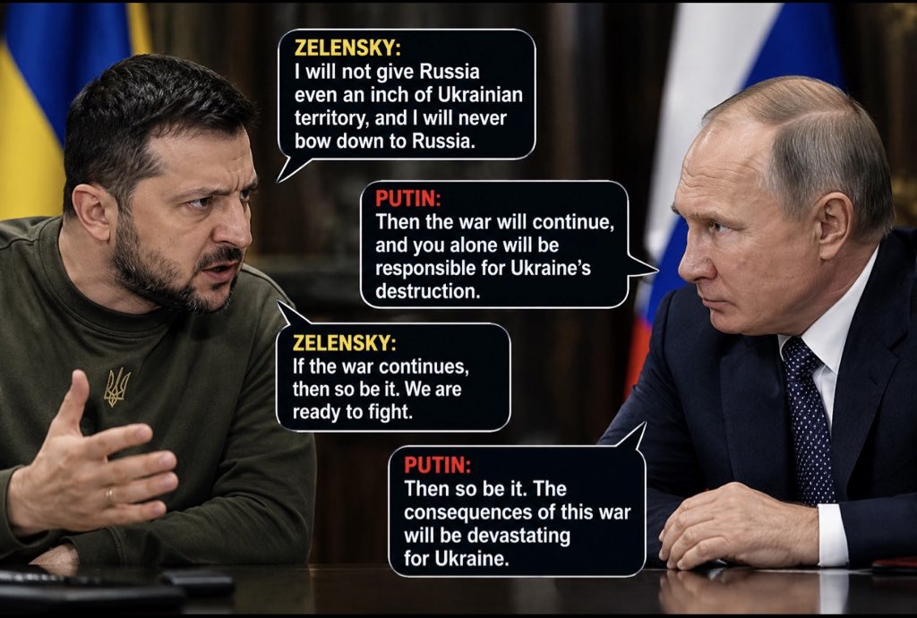 RussianSpoof's tweet photo. Zelensky - I will not give Russia even an inch of Ukrainian territory, and I will never bow down to Russia.

Putin - Then the war will continue, and you alone will be responsible for Ukraine’s destruction.

Zelensky - If the war continues, then so be it. We are ready to fight.

Putin - Then so be it. The consequences of this war will be devastating for Ukraine.