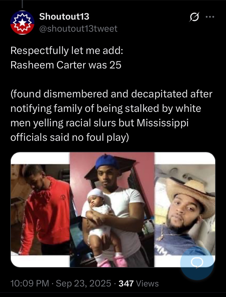shoutout13tweet's tweet photo. @blackJournals01 Likely the most traumatic reminder to the victim shot in the mouth is the fact that his tongue had to be amputated.
Same state saying Black women found hanging in trees is suicide, that Nolan Wells drowned without water or fluid in the lungs, and killing a 1 yr old is justified. https://t.co/qSjKzIiNFC