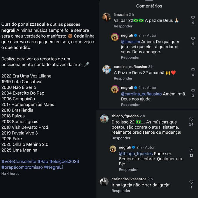 ZAMENZA's tweet photo. Negra li diz que a sua música sempre foi o seu verdadeiro manifesto e não se posiciona em sua rede social, mas quando uma seguidora escreve "Vai dar 22", a cantora responde: "Amém. De qualquer jeito sei que ele irá guardar os seus. Deus abençoe". https://t.co/hK2LvWgHEI
