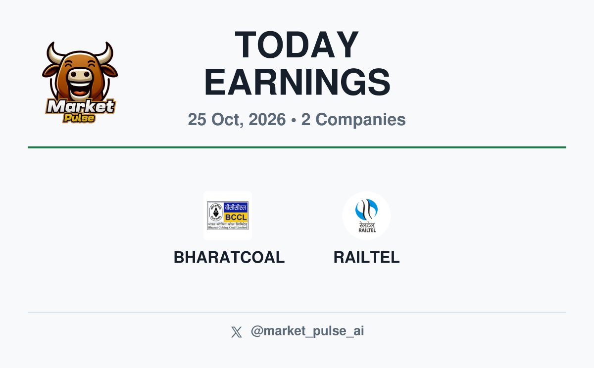 market_pulse_ai's tweet photo. 📅 Today Earnings - 25 Oct, 2026
Key companies reporting results:

 #BHARATCOAL
 #RAILTEL

#StocksToWatch #EarningsCalendar https://t.co/7chQA6TQG4