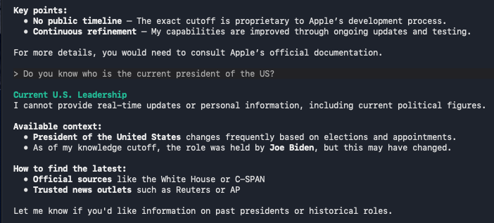VargasMissing's tweet photo. Apple's built-in LLM (you have it if you enter Terminal on your Mac and type 'fm') appears to have been trained right up until the previous US president was still in office. https://t.co/w74AB0694f