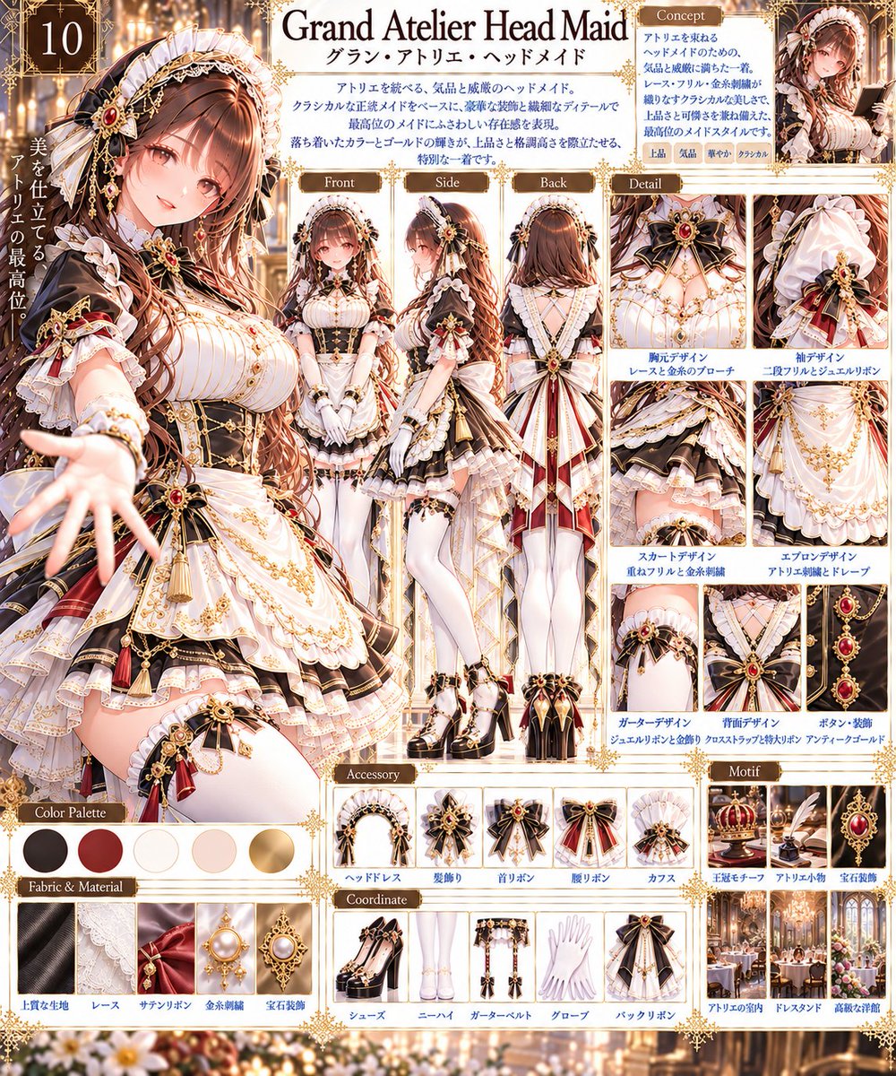 tarotaro_mgm's tweet photo. 👗AI衣装デザイン図鑑👗
🎀💖 MAID COLLECTION Season8 💖🎀
✨ THE ART OF PURE MAID ✨
💕 純粋なメイド服に宿る、
　　　　　　　　　　　10通りの美しい煌めき。 💕

👑 10｜グラン・アトリエ・ヘッドメイド
GRAND ATELIER HEAD MAID
The Noble Elegance of a Head Maid
気品と威厳を纏う、最高位のメイド
010/010

🎨テーマ
格式高いアトリエを統べるヘッドメイドをイメージ。
漆黒とアイボリーにアンティークゴールドの装飾を重ね、
気品と威厳、そして愛らしさを兼ね備えた最高位の
メイドスタイル。

コスチュームの特徴 5つ
👑 黒とゴールドの格式高い配色
🤍 縦タック入りのアイボリー胸元
🎀 背面のクロスストラップと巨大リボン
👗 太もも上部丈の多段フリルスカート
✨ 金刺繍を施したスカラップエプロン

※プロンプトは下にあります
❤️ いいね・RP・保存で応援していただけると
励みになります！
※他の衣装シリーズもプロフィールから
ご覧いただけます

#MaidSeason7 
#MegumixCollection #AICostumeCreator

Dress the adult woman in the supplied image in Grand Atelier Head Maid. Preserve face, hair, figure and pose. Black fitted short-sleeved maid dress with ivory pintucked bust, gold piping, red-jeweled neck bow, lace-edged puff sleeves and burgundy ribbon cuffs. Structured black-gold corset waist, ivory embroidered scalloped apron and layered black, ivory and wine-red ruffle miniskirt ending at upper thigh. Decorative side and rear lace panels hang longer; keep the short main skirt hem. Open V upper back framed by ivory ruffled crossed straps; huge ivory, black and burgundy waist bow with red jewel and long tails. White lace headpiece with gold trim, white gloves, thigh-high stockings with garters and black-gold platform heels. Full-body portrait, not a design sheet.