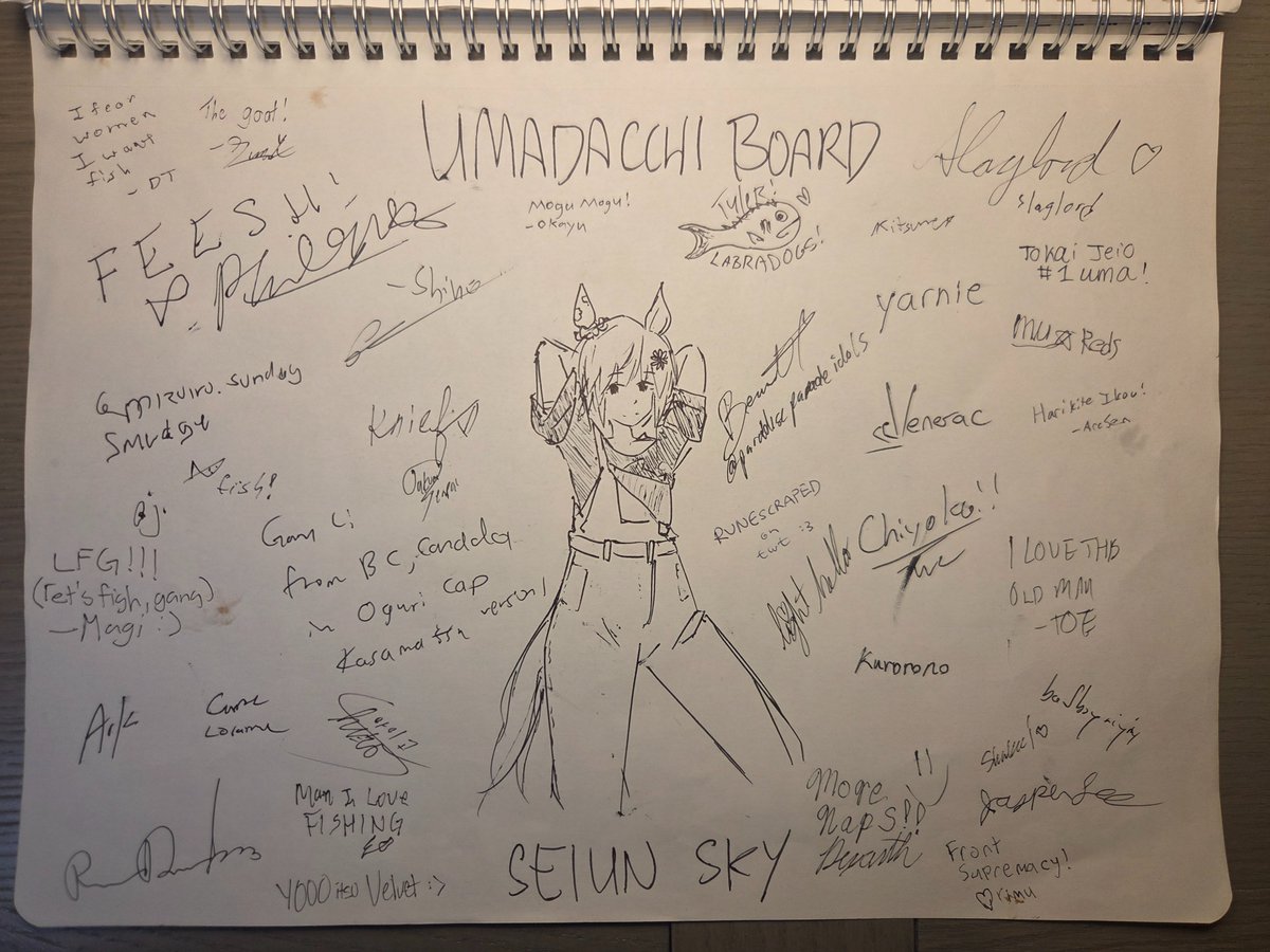 DylanVeeeee's tweet photo. Final Umadacchi Board!
 Thank you to everyone who signed my sketchbook! 

Meeting all of the trainers made going to LA super worth it.

I look forward to when we can all meet again. 😊

#ウマ娘7thライブロサンゼルス遠征のウマ娘7thライブ抜き 
#umamusumeᅠ
 #umamusume7th https://t.co/1MTA2MuIXJ