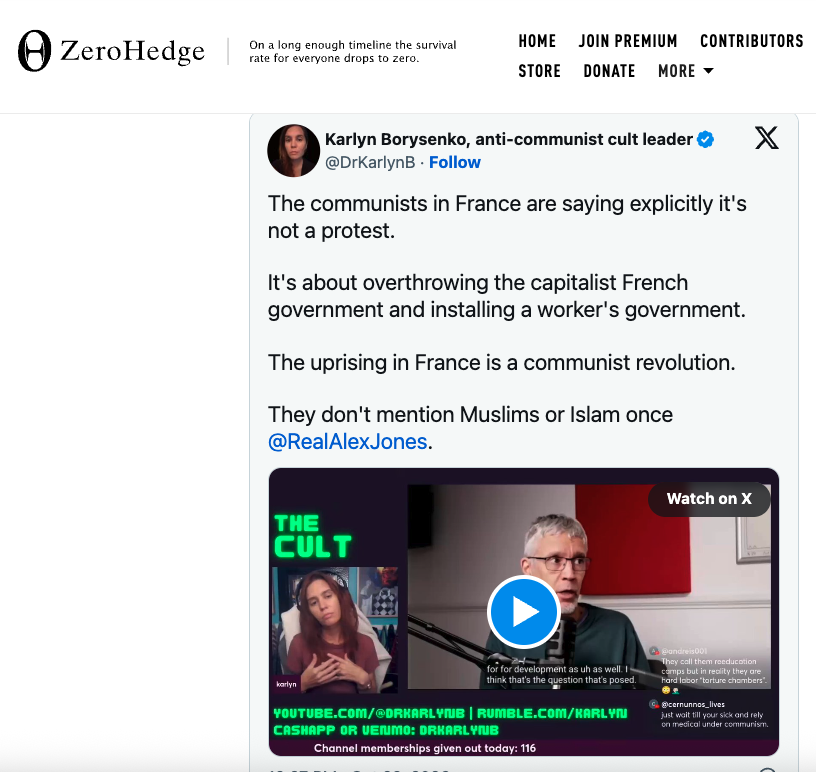 DrKarlynB's tweet photo. I just want to point out that the explanation I gave to @HarrisonHSmith for the start and development of the protests in France (he blocked me shortly after) was published in @zerohedge, alongside clips from one of my streams last week. 

Just because a few boneheaded men aren't listening doesn't mean everyone is closed off to the evidence.

My concern is not for the people who refuse to listen. It's for everyone else who wants to learn. 

Link in reply below.