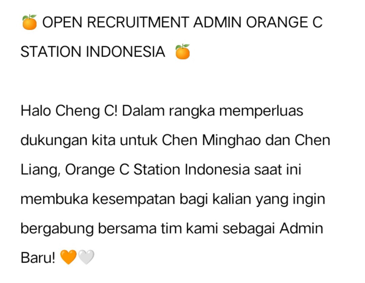 OrangeC_ID's tweet photo. 🍊 OPEN RECRUITMENT ADMIN ORANGE C Station Indonesia 🍊 https://t.co/R1xFjYvq9v