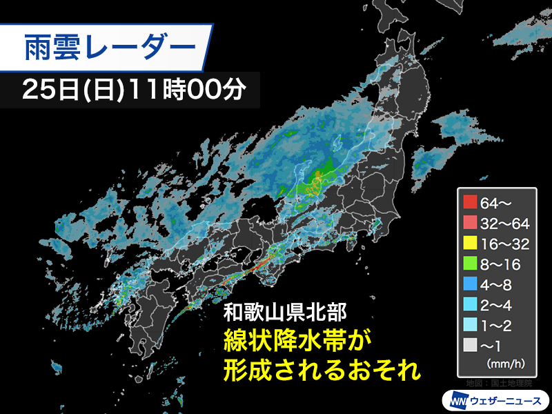 wni_jp's tweet photo. ＜局地的に雨雲発達　明日にかけて強雨警戒＞
今日25日(日)は前線が日本海から本州付近に南下し、南からは湿った空気の流入が強まっています。
局地的に雨雲が発達して非常に激しい雨の降っている所があり、土砂災害や河川の増水、低い土地の浸水などに警戒が必要です。
https://t.co/a2QGEJFI5g https://t.co/O27eW3j1KW