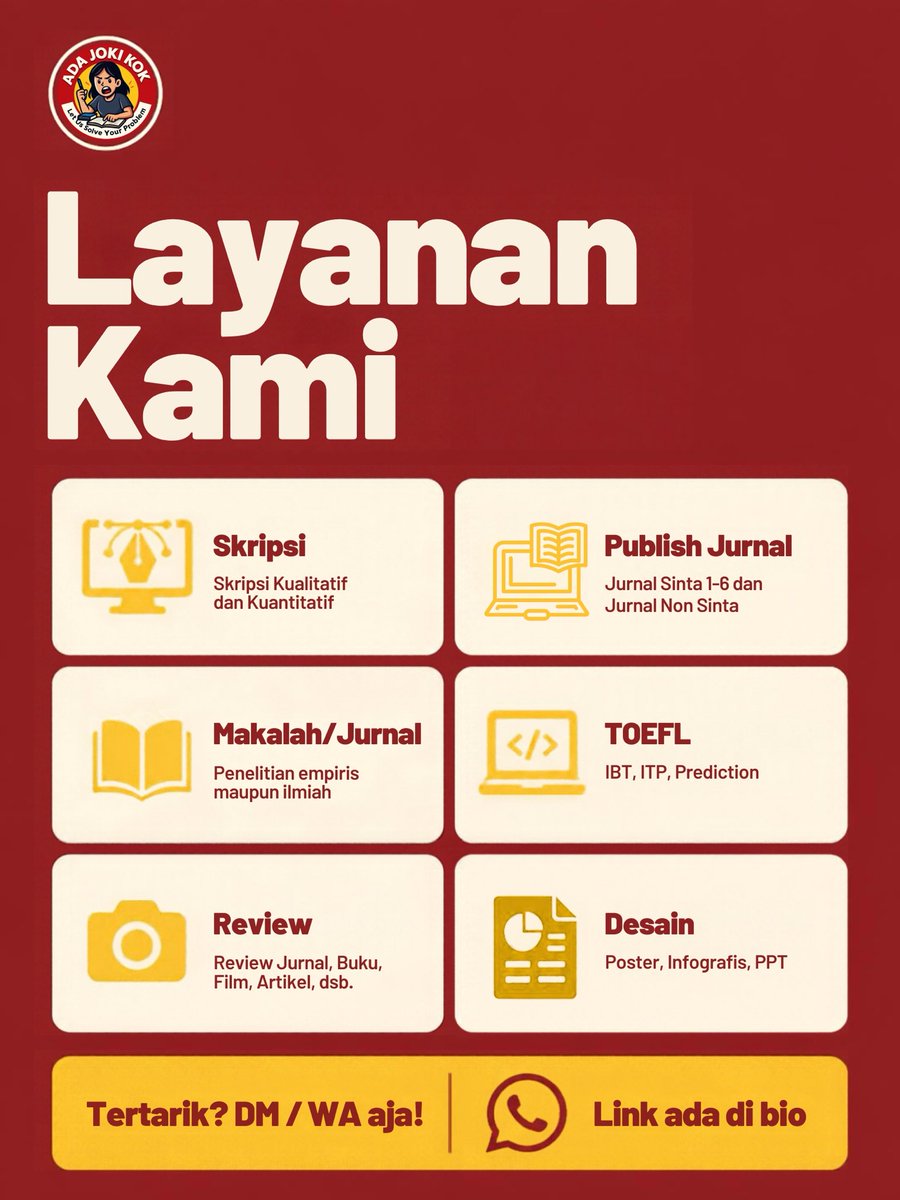adajokikok's tweet photo. Tugas numpuk, waktu mepet? Aku lagi open nih 😅

Skripsi, jurnal, TOEFL, desain PPT, tinggal WA aja. Link di bio 🫶🏼

#jokitugas #jokiskripsi #zonauang #zonajajan #jokitugaskuliah https://t.co/eCAD7wf1Y5
