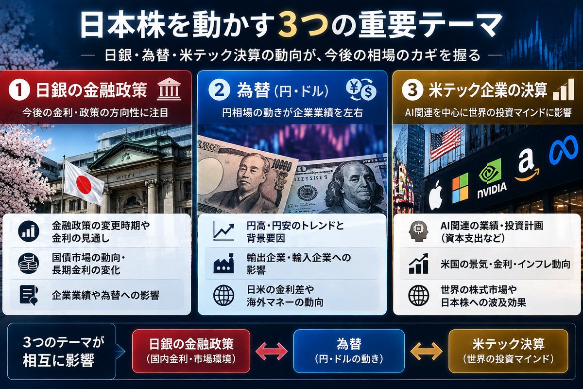 m_k_0528's tweet photo. 📈【来週、日本株を動かす3つの材料】

① 日銀の金融政策
② 円相場と金利動向
③ 米大型テック企業の決算
個別銘柄だけでなく、金利・為替・企業業績のつながりも確認したい週です。
皆さんが最も注目する材料は？ https://t.co/PF2tVCcVw1