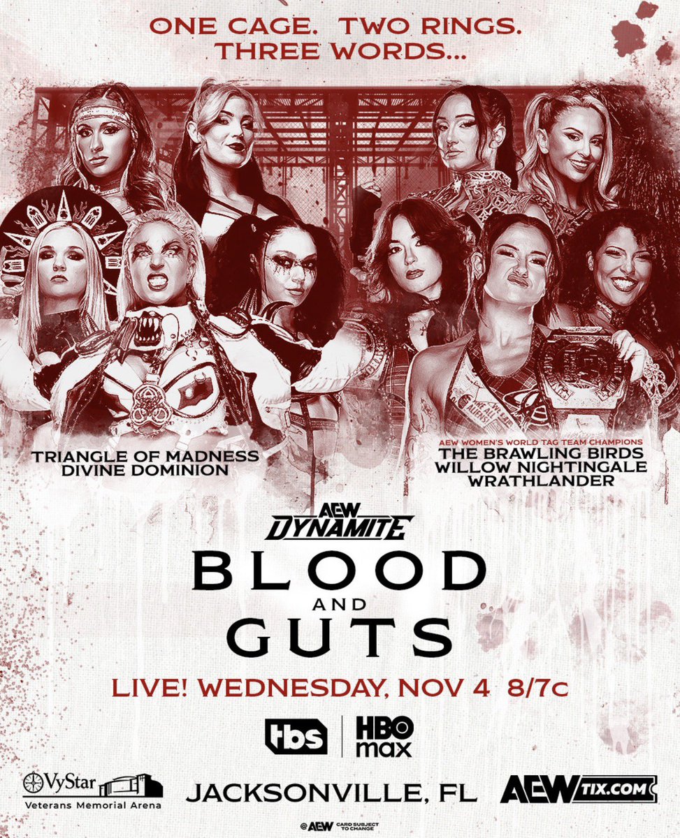 WrestlePurists's tweet photo. 🚨 OFFICIAL

WOMEN’S BLOOD AND GUTS MATCH 🩸⛓️

Triangle of Madness &amp; Divine Dominion vs. The Brawling Birds, Willow Nightingale &amp; Wrathlander https://t.co/Wft7vUED5L