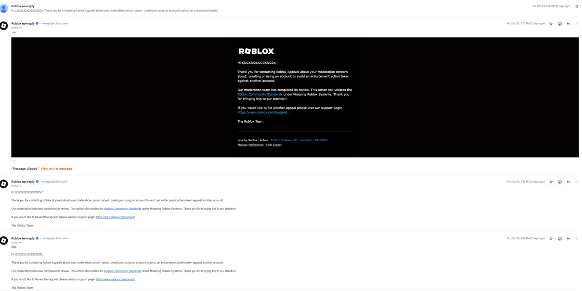 ahanhahahankshs's tweet photo. My Roblox account (username: z2z2z2z2z2z22z2z22z) was recently permanently banned under the enforcement/linked-account system. The ban notice states that my account is linked to another account that violated Community Standards.

I believe this is a mistake. I do not own, control, or have any connection to the linked account, and there should be no other Roblox accounts associated with mine. My account email is not linked to any other accounts.

I have seen many other users on Twitter and elsewhere receiving the exact same ban message, which makes me think this may be part of a wider false-positive issue with the enforcement system.

I have already submitted more than eight appeals through the Violations & Appeals system. Each time I receive an automated response within seconds, which strongly suggests the appeals are being handled by AI rather than a human reviewer. In my appeals I have clearly requested a manual review and asked for any incorrect account associations to be removed. and 90% of the time when i submit my appeal ai reviews it in under a minute i post content on roblox and its a source of income and i find it really disrespectful that roblox is banning me for an account i dont own and multiple people are saying they have been banned by the same account/ at the same time and all ive asked for is a manual review because ive done nothing wrong and each time i get the exact same ai response in under a minute.

I have invested a significant amount of time and money into this account over the years, and I am disappointed that legitimate false bans appear to be going unaddressed.

Could a human moderator please manually review my case, confirm whether any accounts are incorrectly linked to mine, and reinstate my account if the association is in error?

#ROBLOX #RobloxBan #kreekcraft