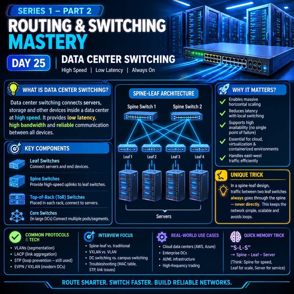 codewalalife's tweet photo. Day 25: Data Center Switching | Routing & Switching Mastery
#harshad_jibhakate #codewalalife #Networking #DataCenter #Switching #SpineLeafArchitecture #CiscoNetworking #CCNA #NetworkEngineering #TechLearning https://t.co/vlhYGYWZsE