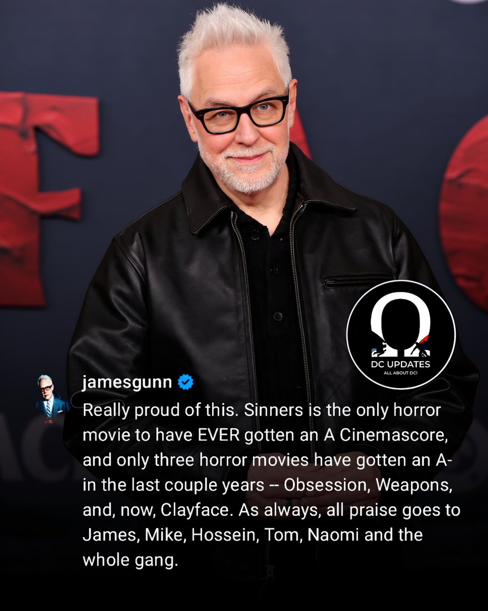Updates4DC's tweet photo. James Gunn celebrates ‘CLAYFACE’ earning an A- CinemaScore!

He points out that only three horror movies have earned an A- CinemaScore in recent years: ‘Obsession’, ‘Weapons’, and now ‘Clayface’. ‘Sinners’ remains the only horror movie to earn an A CinemaScore.

Gunn also praised the entire team behind the film.

#Clayface #DCU #DCStudios
